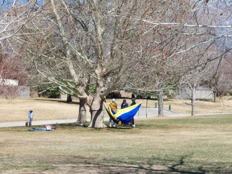 Park-goers relax in a hammock at Heritage Hills Park.