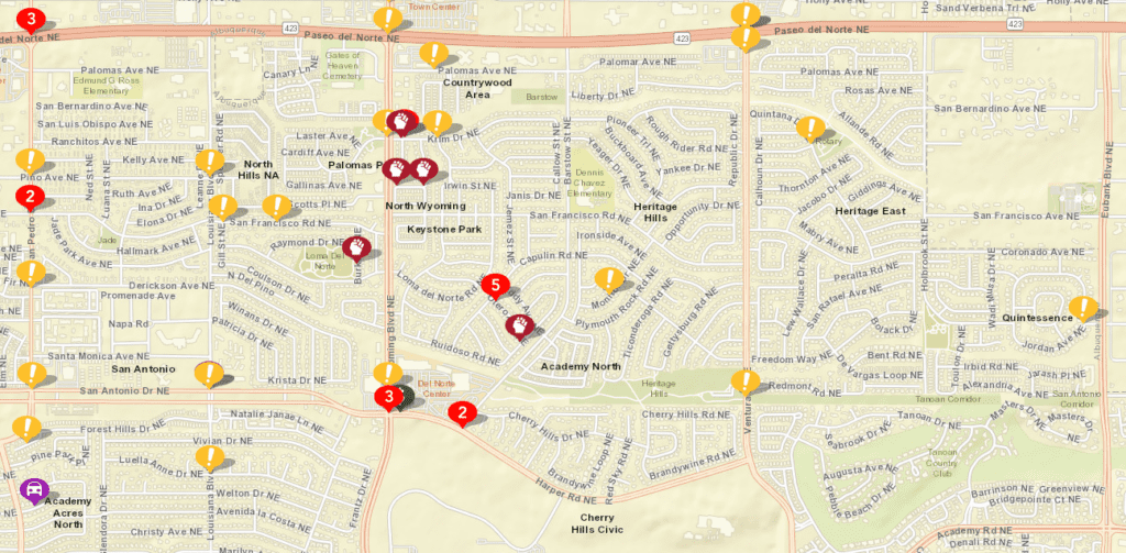 March 1-8 incident report map for the far NE heights.