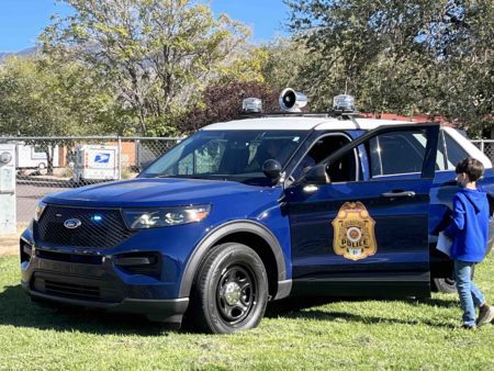 An old school Albuquerque Police Department vehicle at Sombra del Monte Elementary School